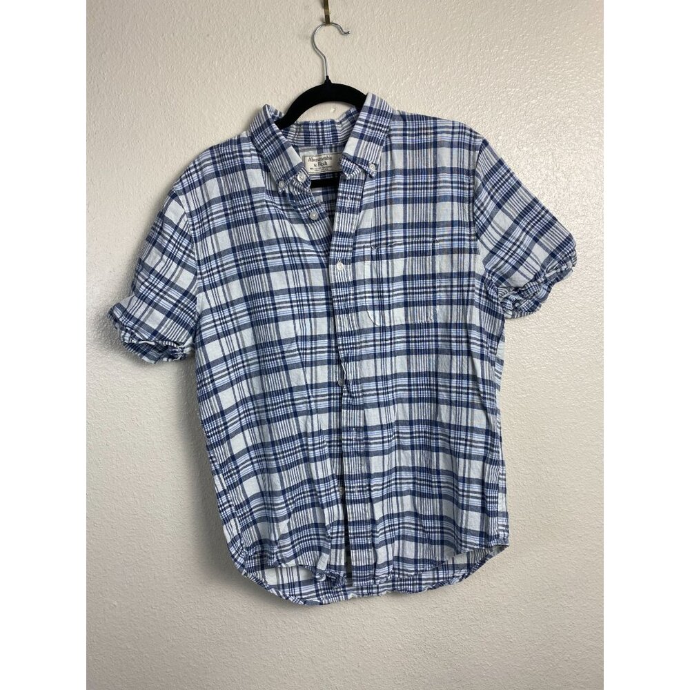 Abercrombie & Fitch Mens Blue Plaid Linen Blend Short Sleeve Shirt Size Large